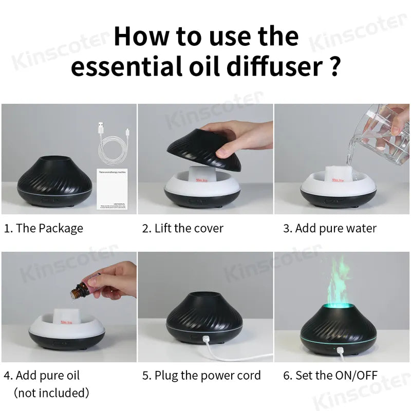 Volcanic Aroma Diffuser Humidifier 130ml Usb, With Colored Night Light Flame