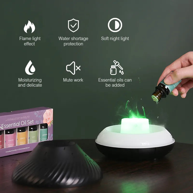 Volcanic Aroma Diffuser Humidifier 130ml Usb, With Colored Night Light Flame