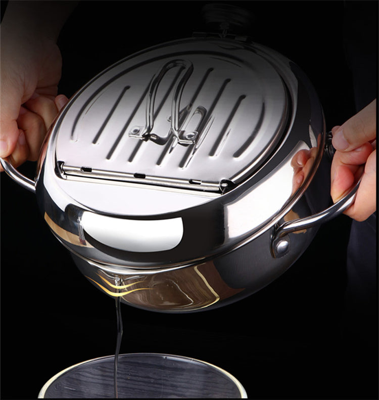 Japanese stainless steel frying pan with thermometer and lid.