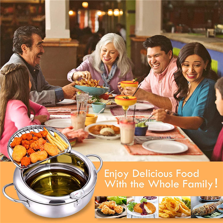Japanese stainless steel frying pan with thermometer and lid.